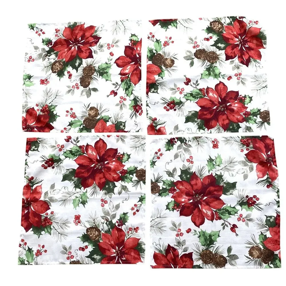 Christmas Napkins set (4) festive printed cloth red poinsettias & greenery